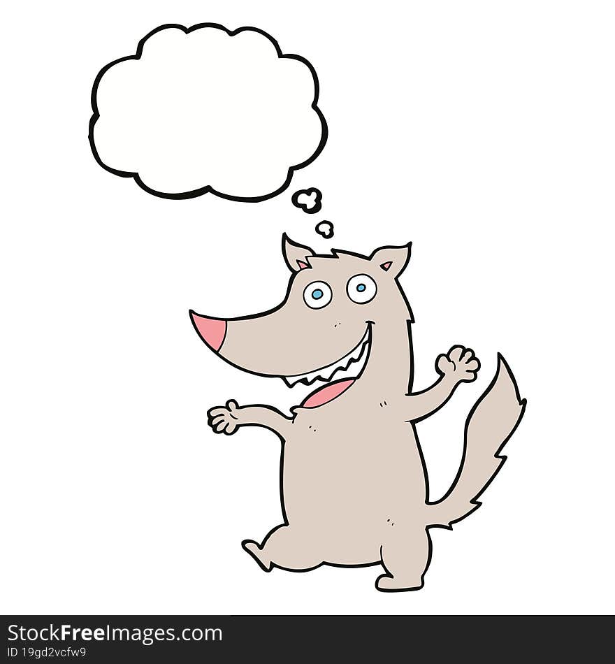 cartoon happy wolf with thought bubble