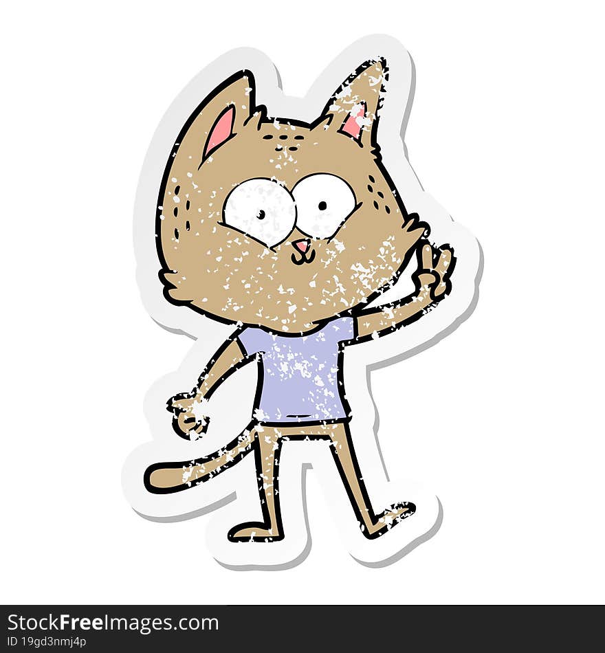 Distressed Sticker Of A Cartoon Cat Giving Peace Sign