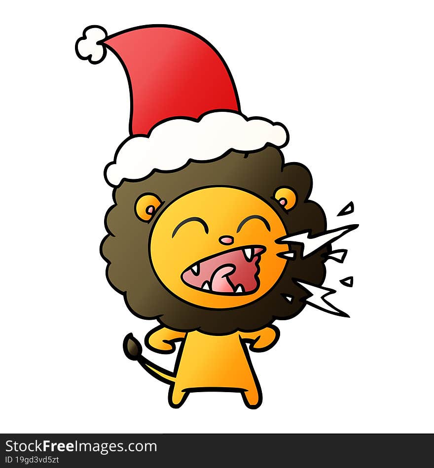 gradient cartoon of a roaring lion wearing santa hat