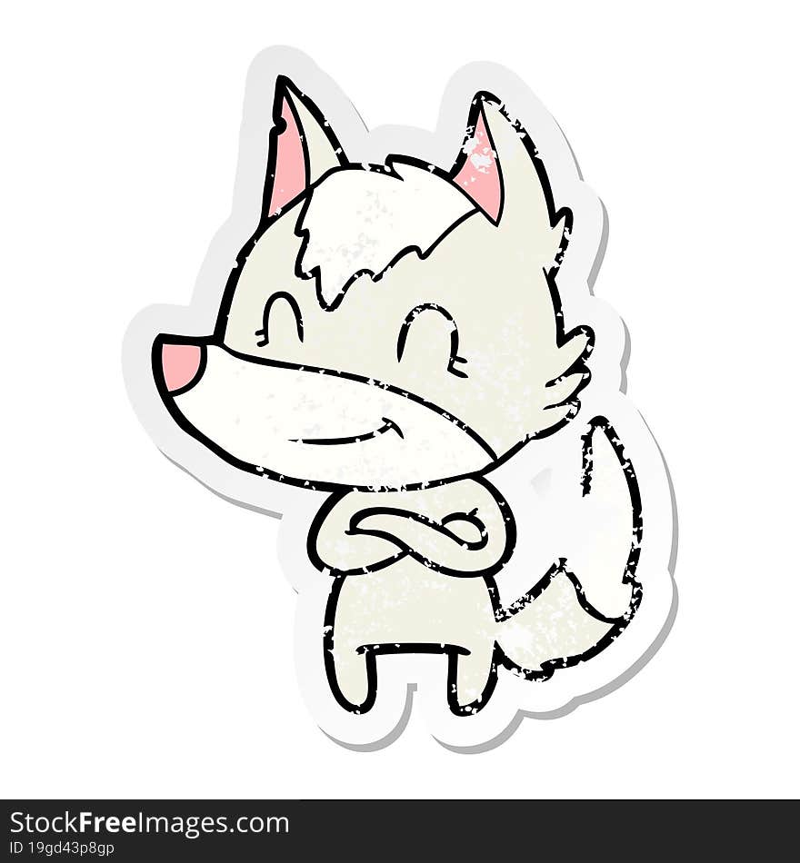 distressed sticker of a friendly cartoon wolf