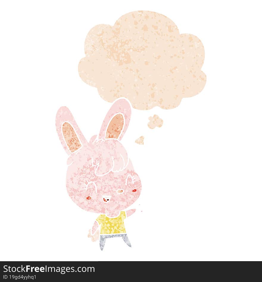 cartoon rabbit with thought bubble in grunge distressed retro textured style. cartoon rabbit with thought bubble in grunge distressed retro textured style