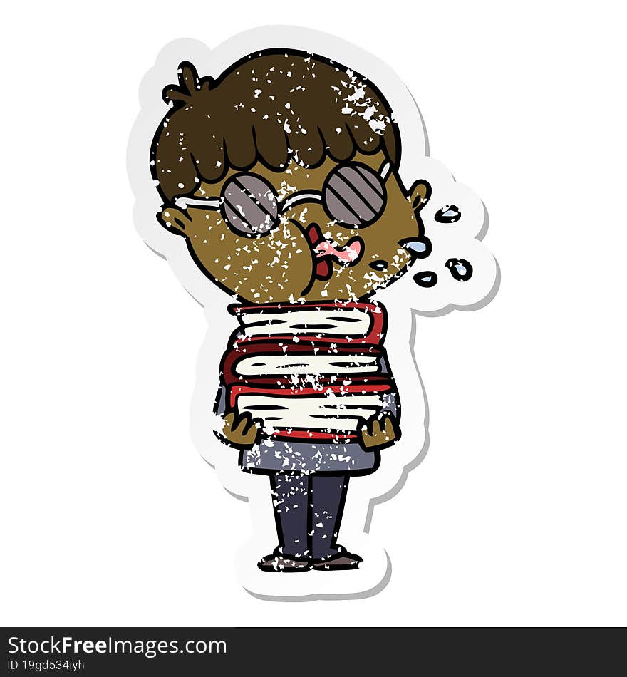 Distressed Sticker Of A Cartoon Boy Wearing Dark Glasses Carrying Books