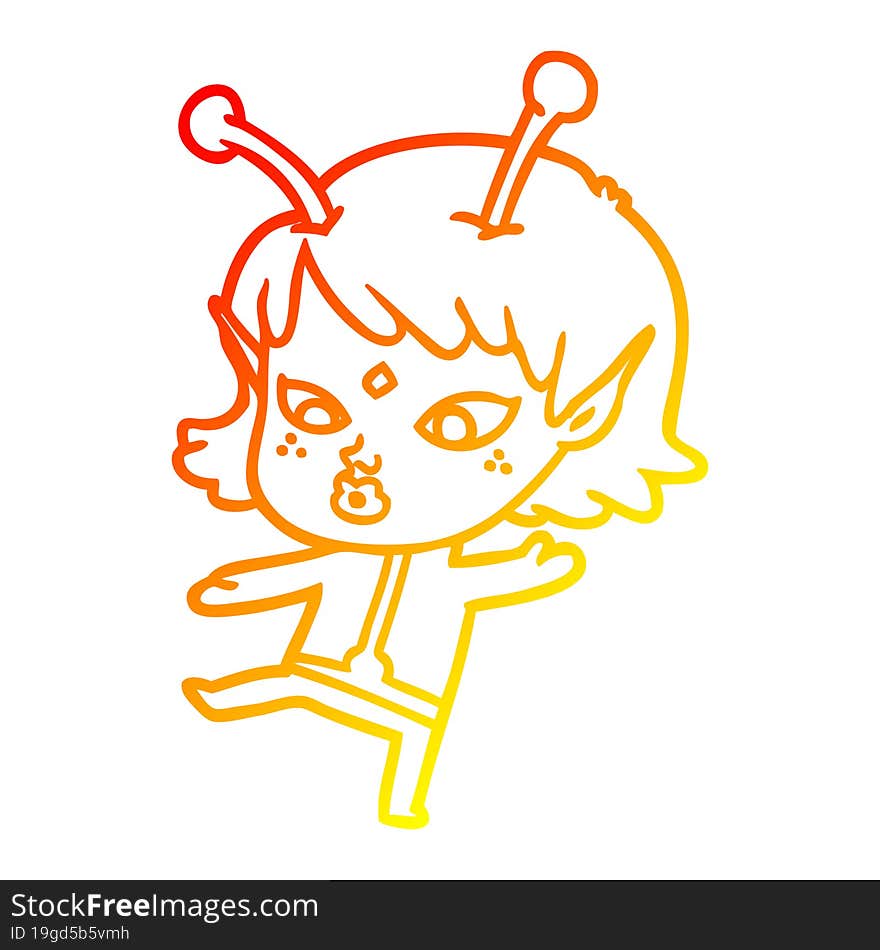 Warm Gradient Line Drawing Pretty Cartoon Alien Girl