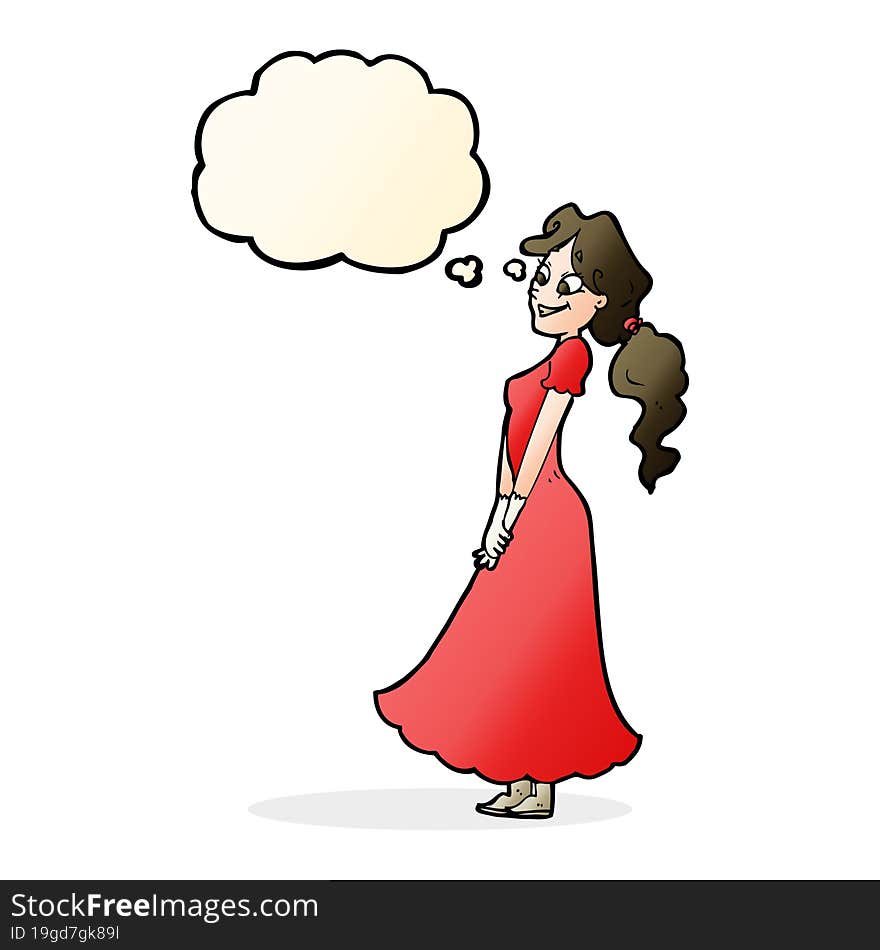 cartoon pretty woman in dress with thought bubble