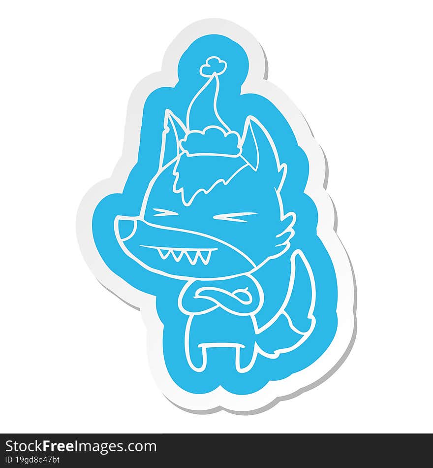 angry wolf cartoon  sticker of a wearing santa hat