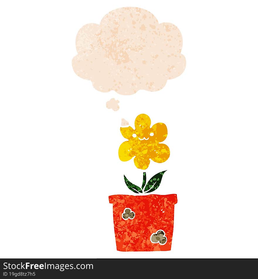 cartoon house plant and thought bubble in retro textured style