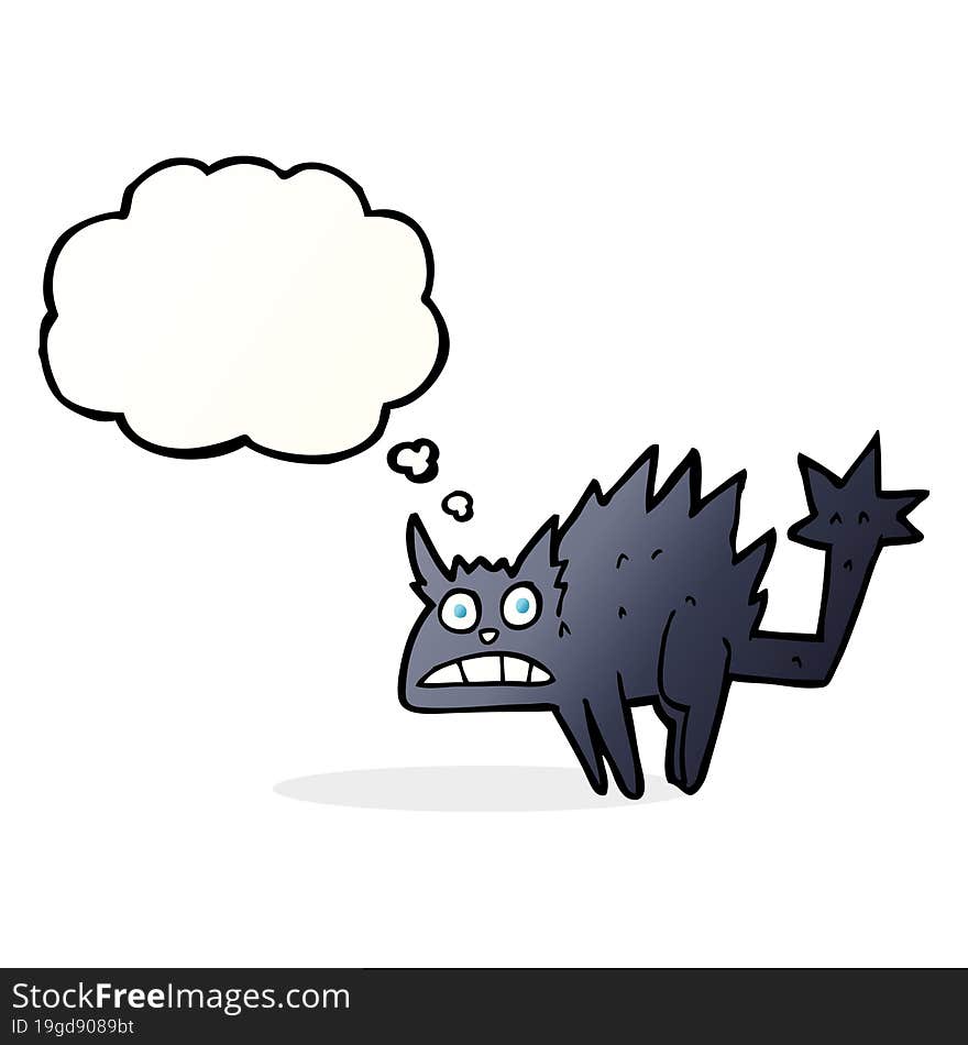 cartoon frightened black cat with thought bubble