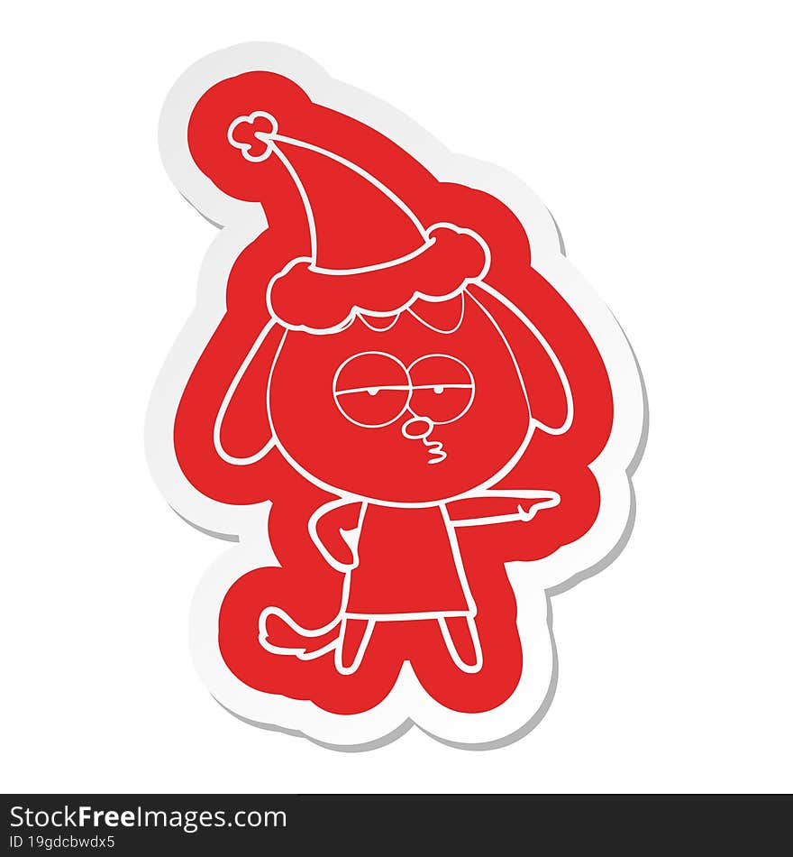 cartoon  sticker of a bored dog wearing santa hat