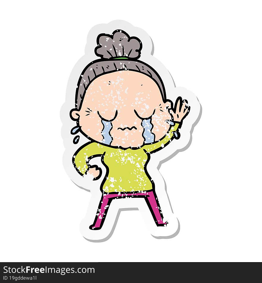 distressed sticker of a cartoon old woman crying and waving