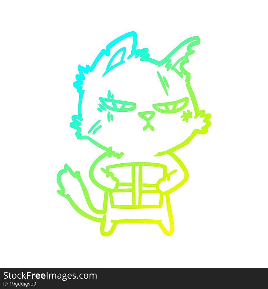 cold gradient line drawing of a tough cartoon cat with christmas present