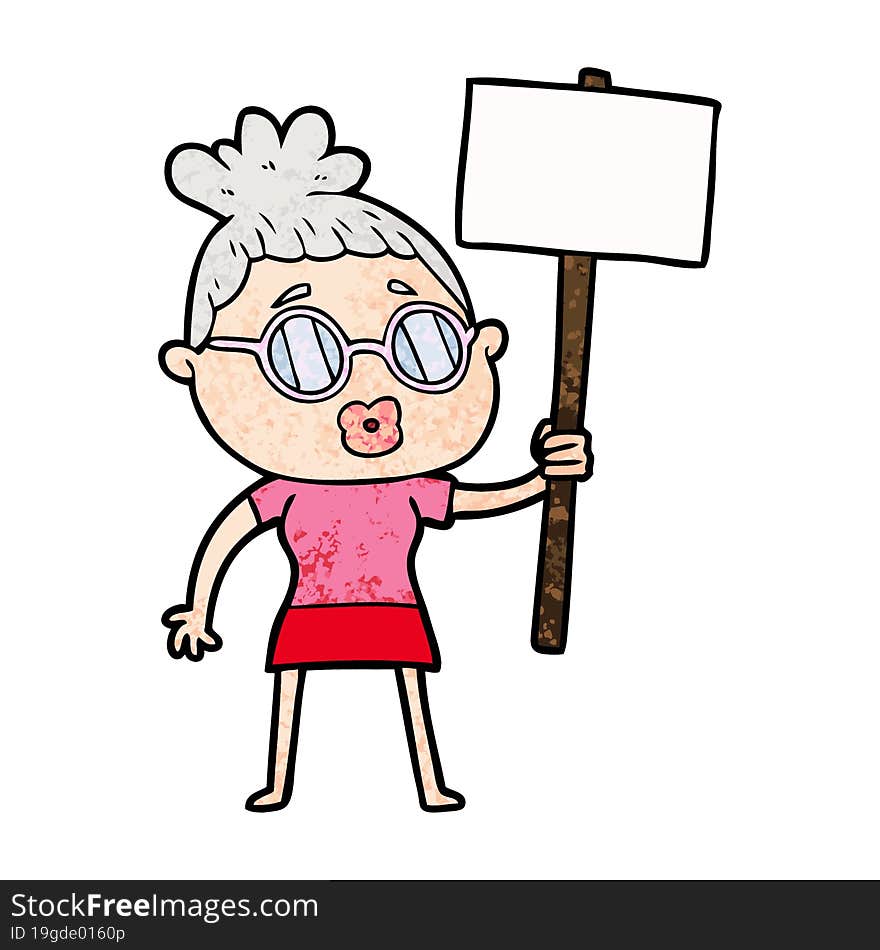 cartoon protester woman wearing spectacles. cartoon protester woman wearing spectacles