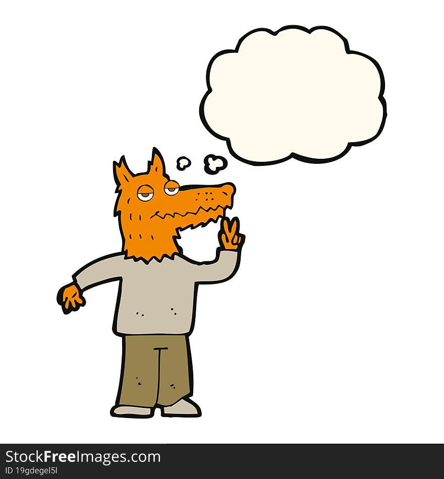 cartoon happy fox man with thought bubble