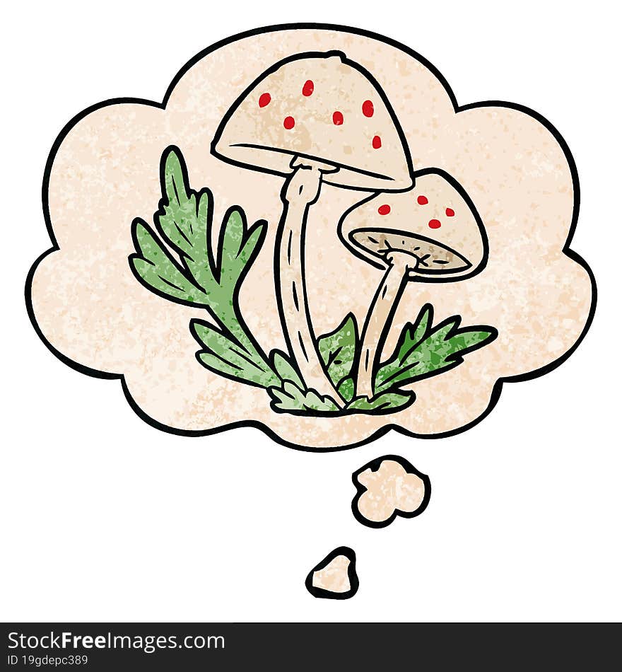 cartoon mushrooms and thought bubble in grunge texture pattern style