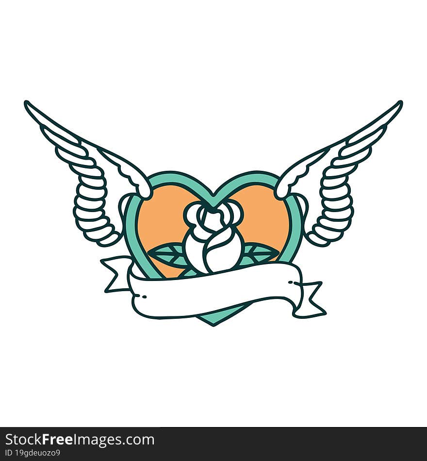 tattoo style icon of a flying heart with flowers and banner