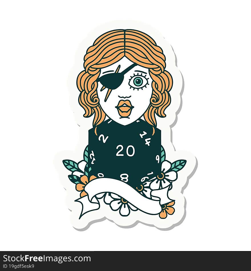 sticker of a human rogue with natural 20 dice roll. sticker of a human rogue with natural 20 dice roll