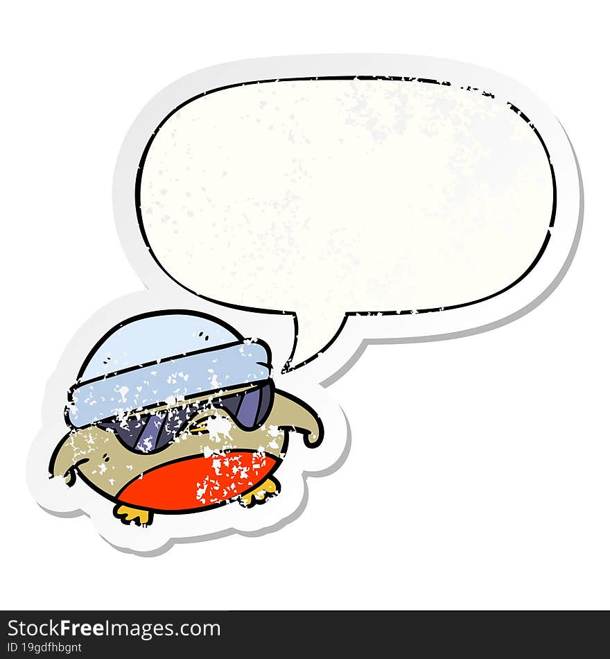 cool christmas robin cartoon and sunglasses and speech bubble distressed sticker