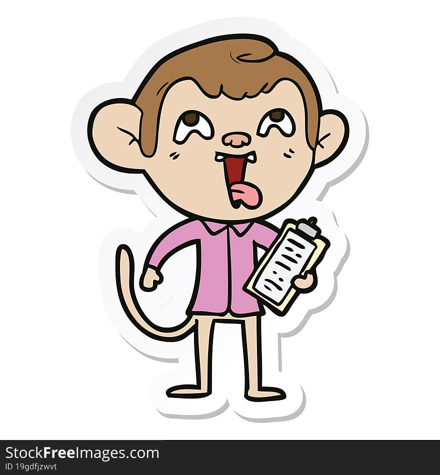 sticker of a crazy cartoon monkey with clipboard