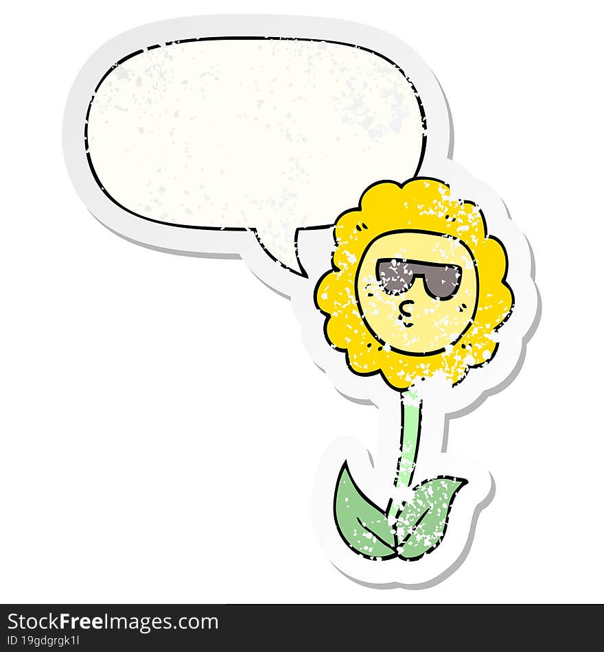 cartoon flower and speech bubble distressed sticker