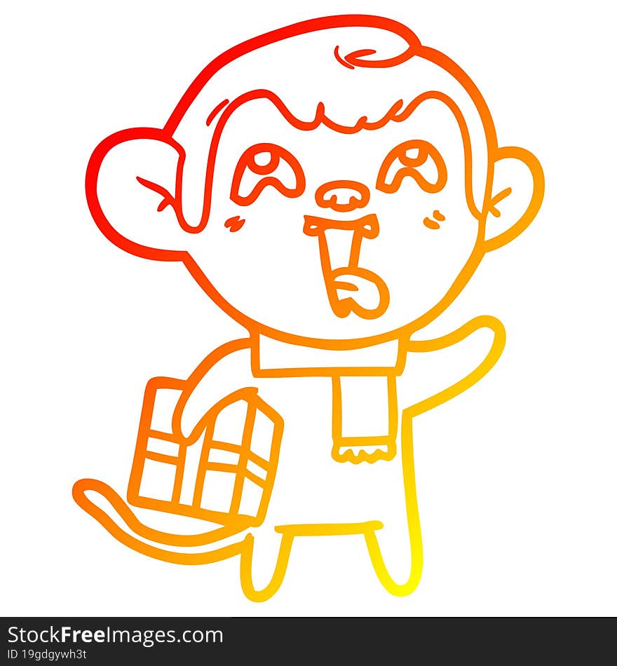 warm gradient line drawing crazy cartoon monkey with christmas present