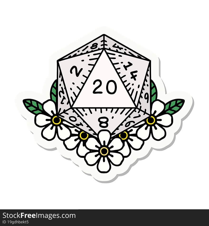 sticker of a natural 20 D20 dice roll with floral elements. sticker of a natural 20 D20 dice roll with floral elements