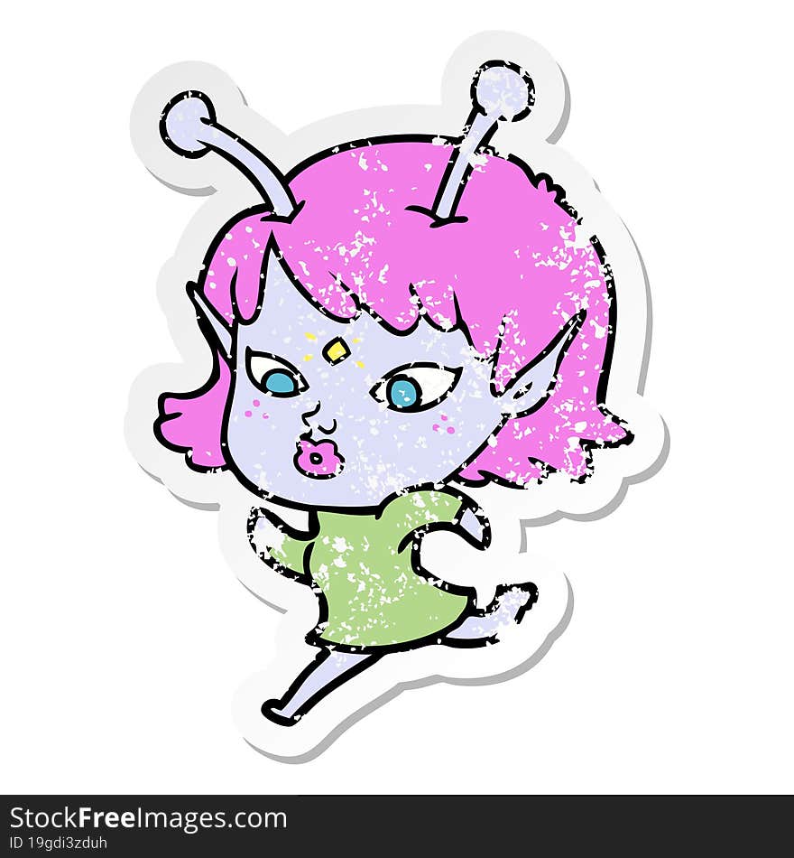 distressed sticker of a pretty cartoon alien girl running