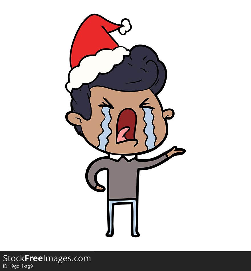 line drawing of a crying man wearing santa hat