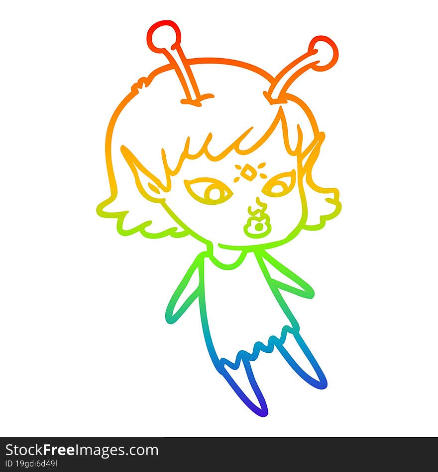 rainbow gradient line drawing pretty cartoon alien girl