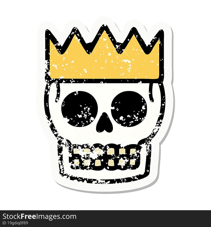 traditional distressed sticker tattoo of a skull and crown