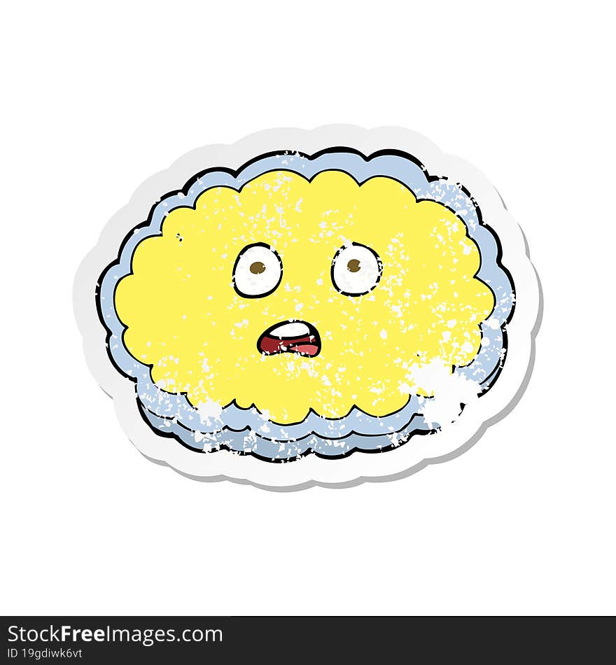 retro distressed sticker of a shocked cartoon cloud face