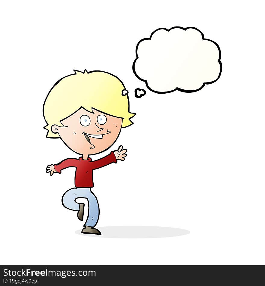 cartoon happy waving boy with thought bubble