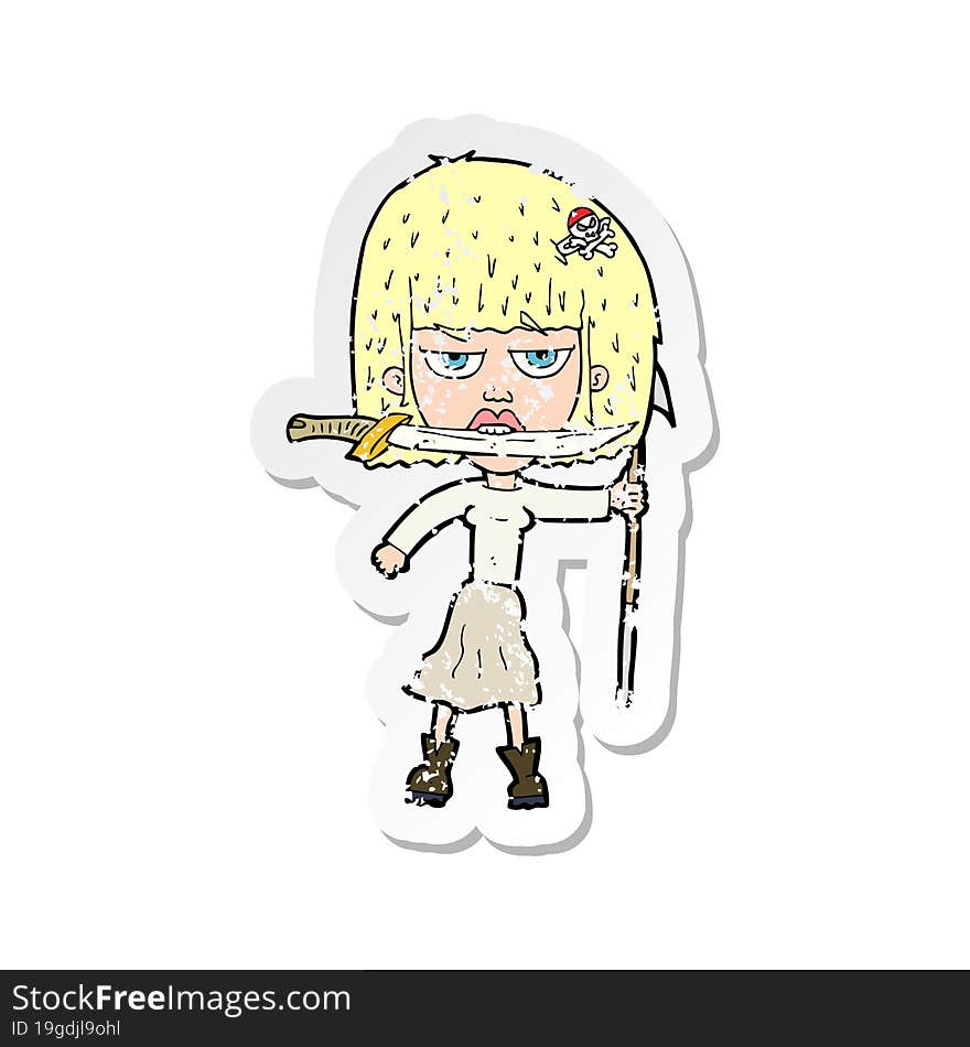 Retro Distressed Sticker Of A Cartoon Woman With Knife And Harpoon