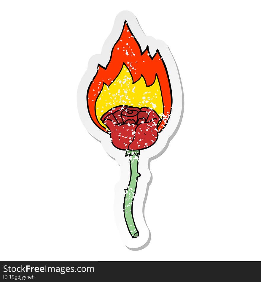 distressed sticker of a cartoon flaming rose