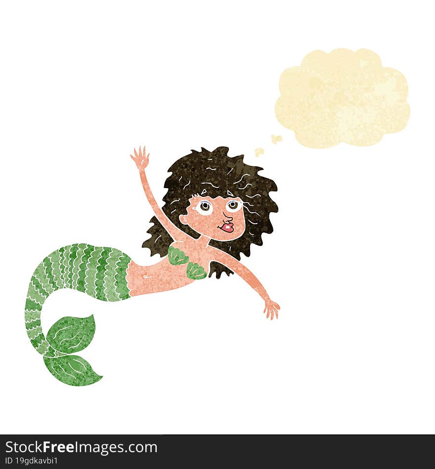 cartoon pretty mermaid waving with thought bubble