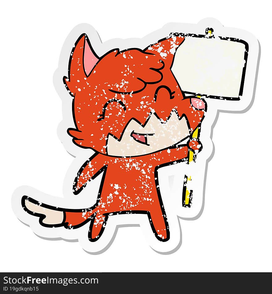 distressed sticker of a happy cartoon fox