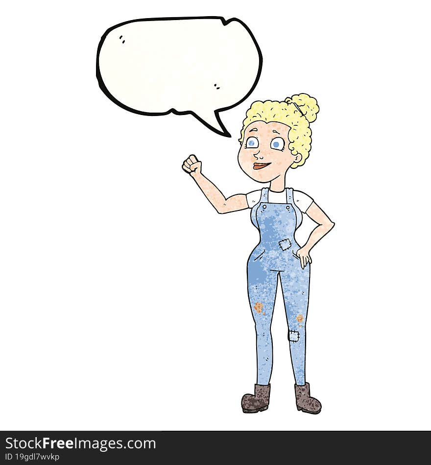 freehand speech bubble textured cartoon woman in dungarees