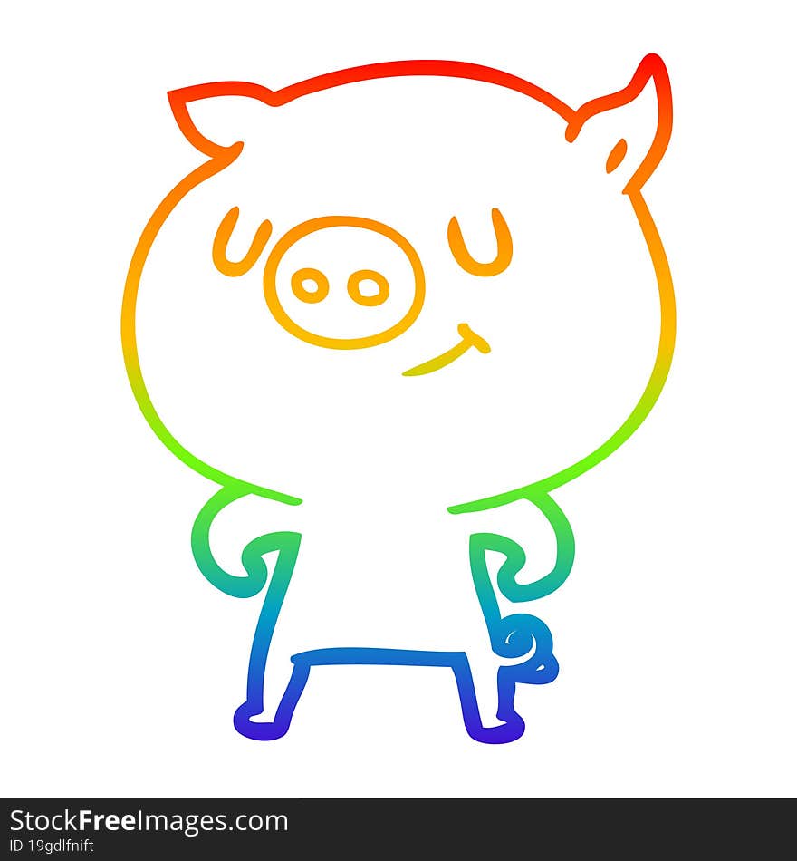 rainbow gradient line drawing of a happy cartoon pig