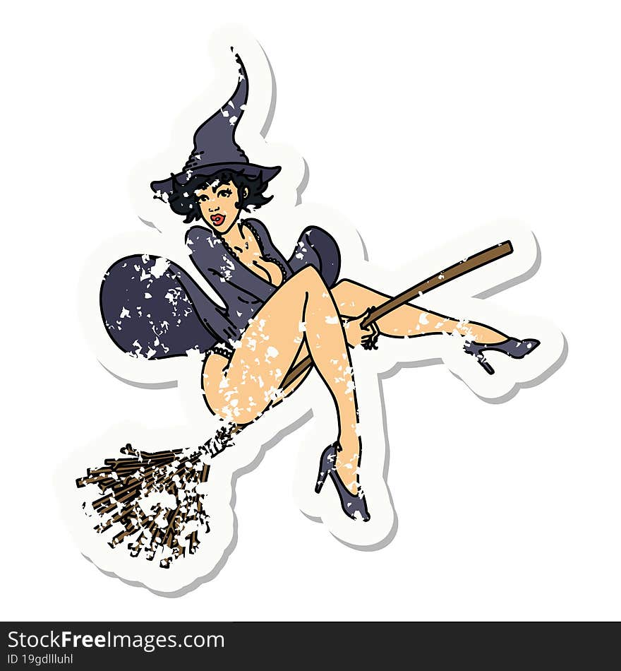 Distressed Sticker Tattoo Of A Pinup Witch