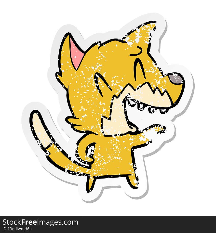 distressed sticker of a laughing fox cartoon