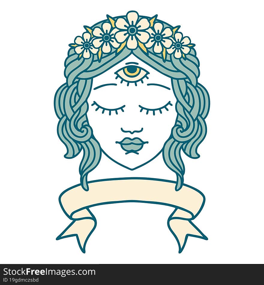 traditional tattoo with banner of female face with third eye and crown of flowers