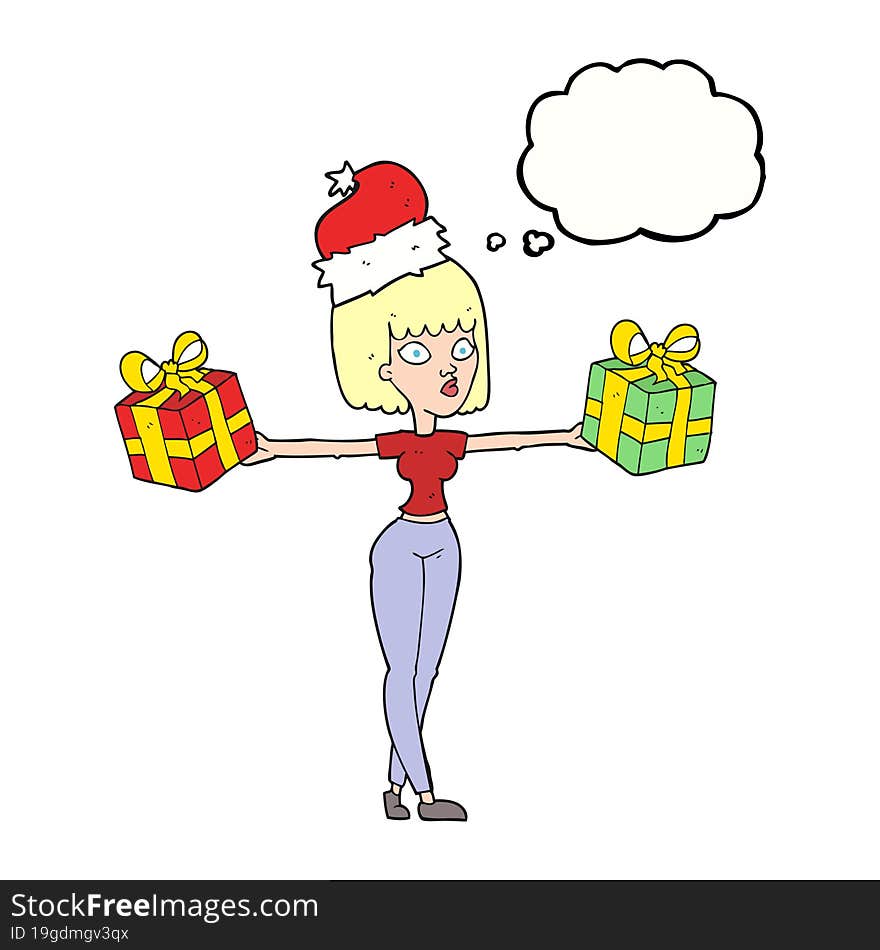 freehand drawn thought bubble cartoon woman with xmas presents