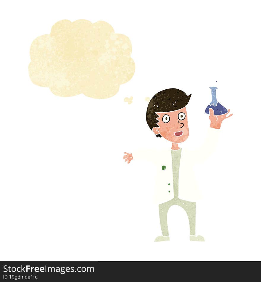 cartoon happy scientist with thought bubble