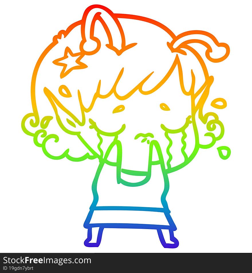 rainbow gradient line drawing cartoon crying alien girl