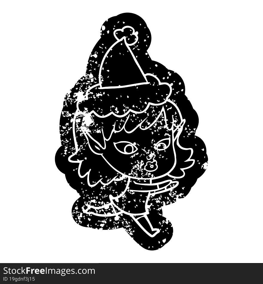 pretty cartoon distressed icon of a elf girl wearing santa hat