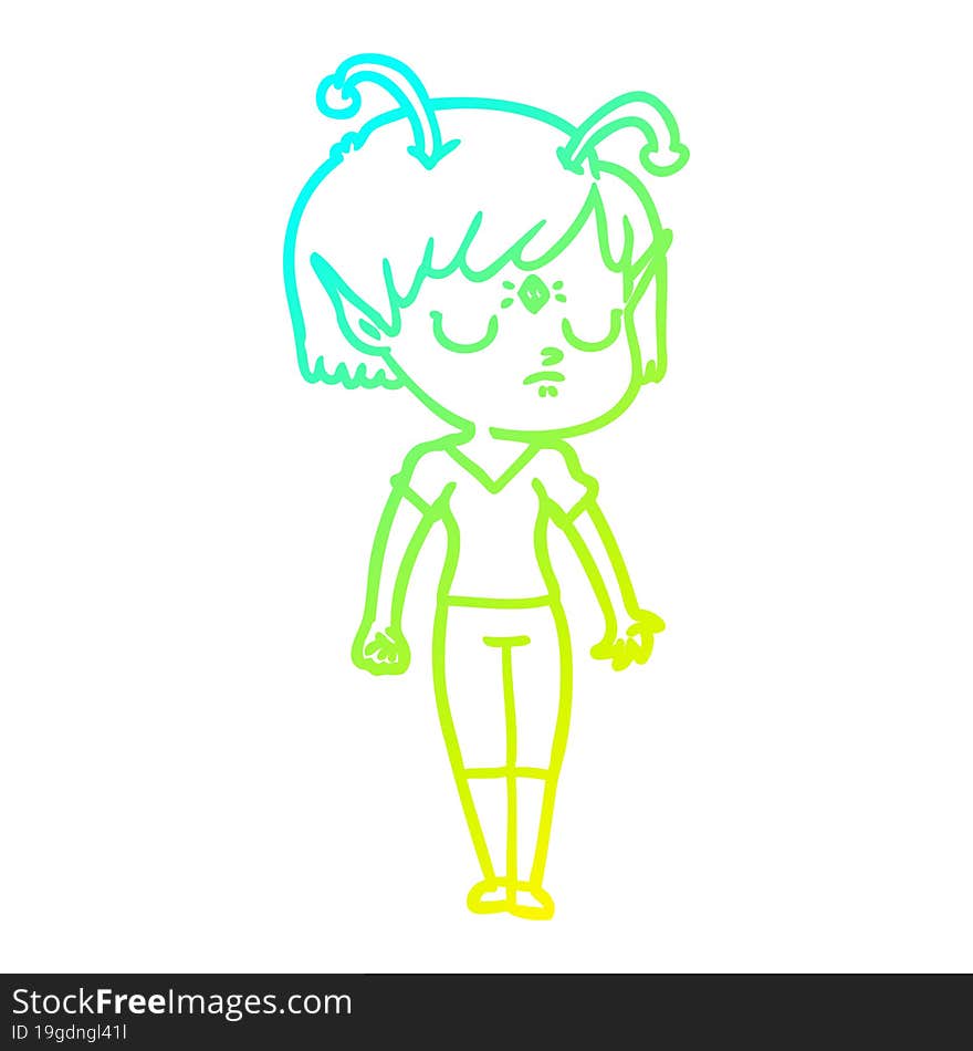 cold gradient line drawing of a cartoon alien girl