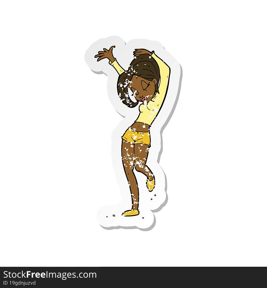 retro distressed sticker of a cartoon pretty woman dancing