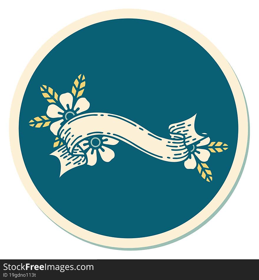 sticker of tattoo in traditional style of a banner and flowers. sticker of tattoo in traditional style of a banner and flowers