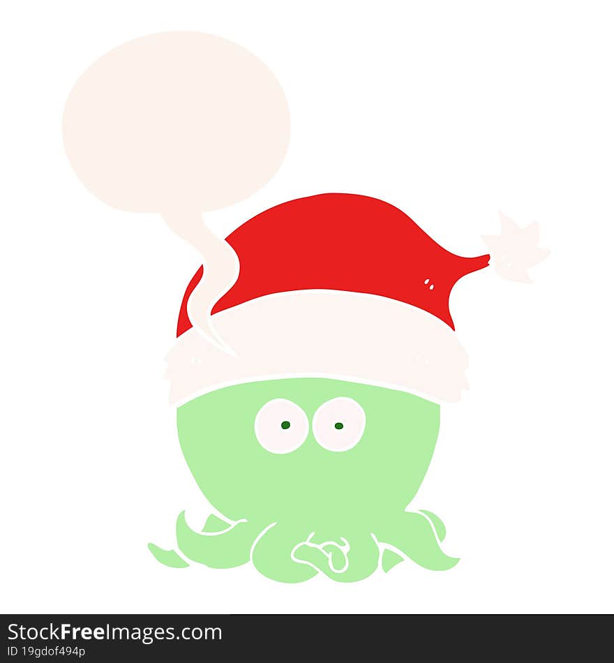 cartoon octopus wearing christmas hat and speech bubble in retro style