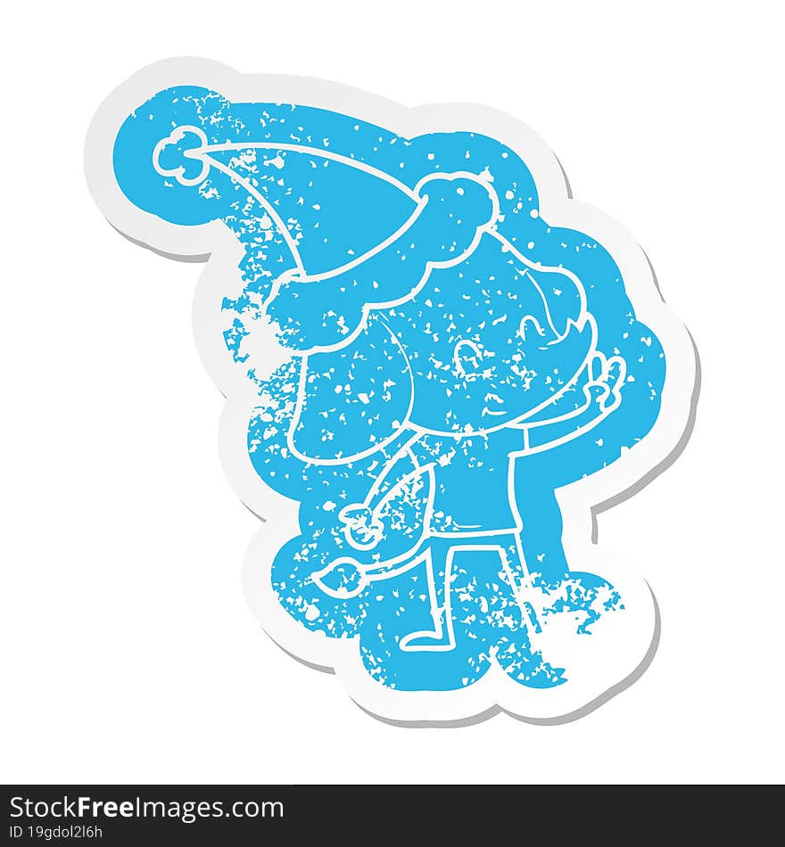 cute cartoon distressed sticker of a elephant wearing santa hat