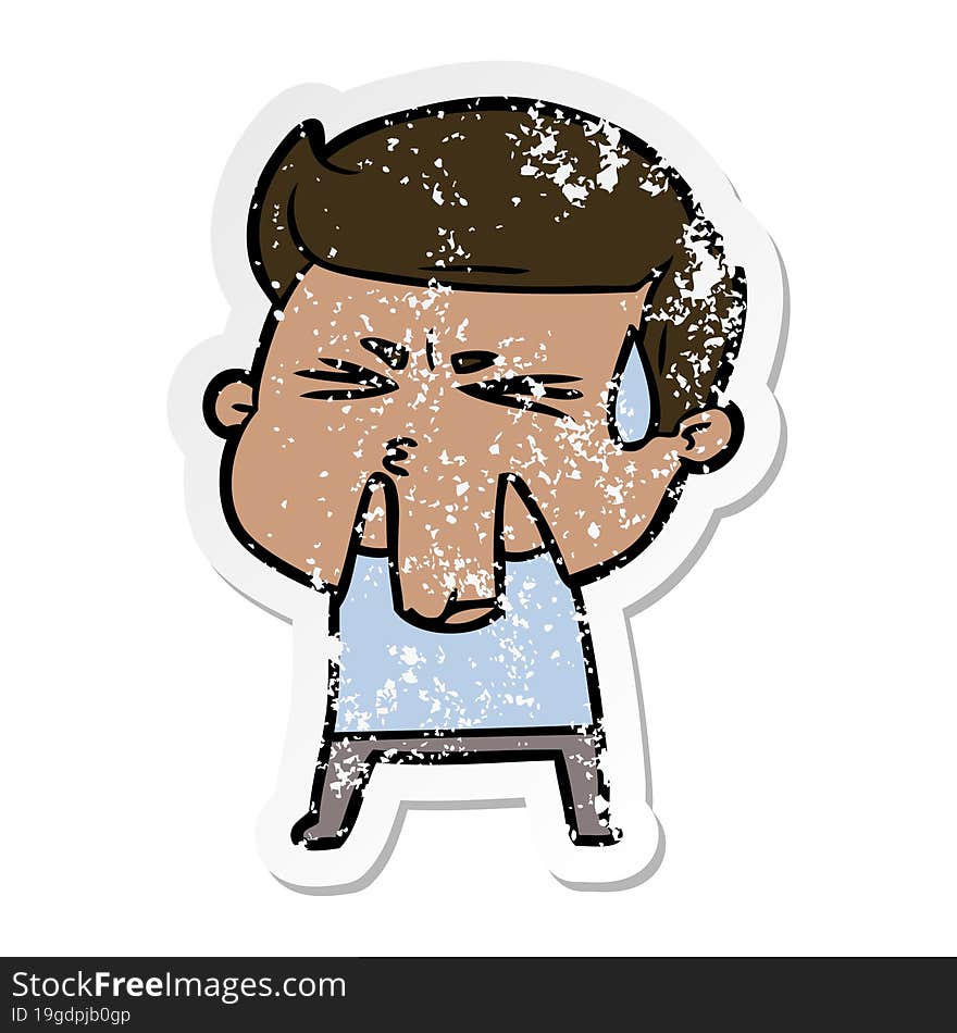 distressed sticker of a cartoon man sweating