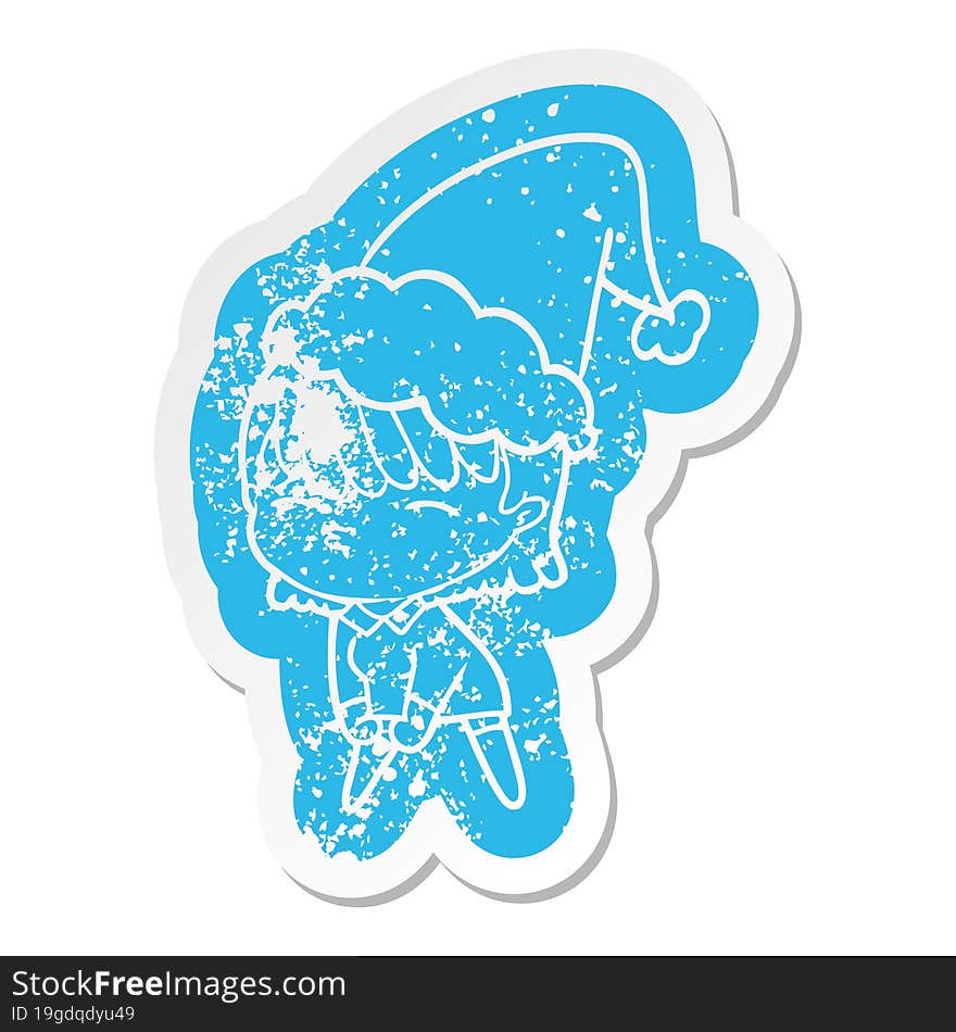 quirky cartoon distressed sticker of a woman wearing santa hat